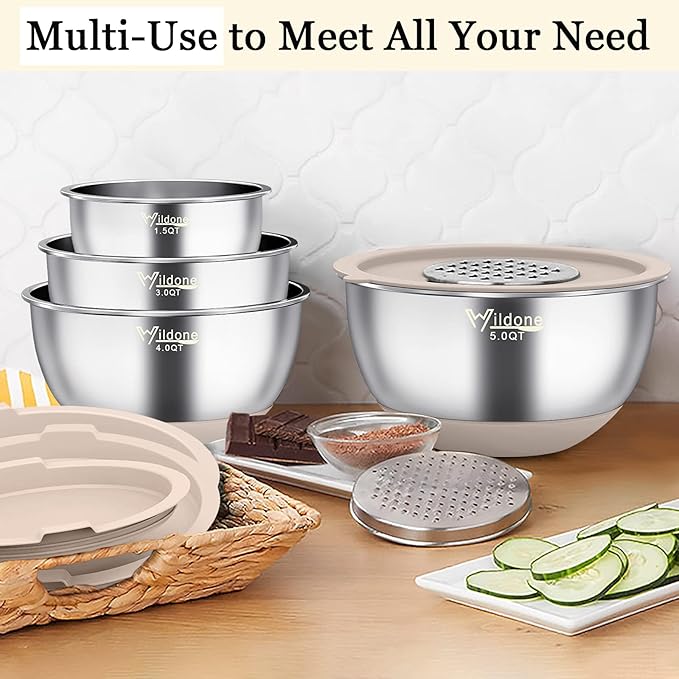 Wildone Mixing Bowls with Airtight Lids, 22 PCS Stainless Steel Nesting Bowls, with 3 Grater Attachments, Scale Marks & Non-Slip Bottom, Size 5, 4, 3, 2,1.5, 0.63QT, Ideal for Mixing & Prepping