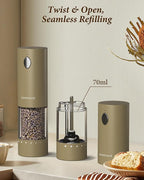 Electric Salt and Pepper Grinder Set - Automatic Refillable Salt and Pepper Grinders with Charging Base & LED Light, 6-Level Adjustable Coarseness with External Dial, Ideal Kitchen Gadget，Brown