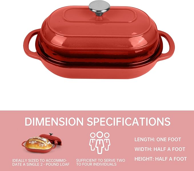 Premium Enameled Cast Iron Dutch Oven for Bread Baking | Non-Stick 5QT Oval Bread Oven with Lid | Perfect for Sourdough, Loaf, and Artisan Baking (Red, 5 QT)