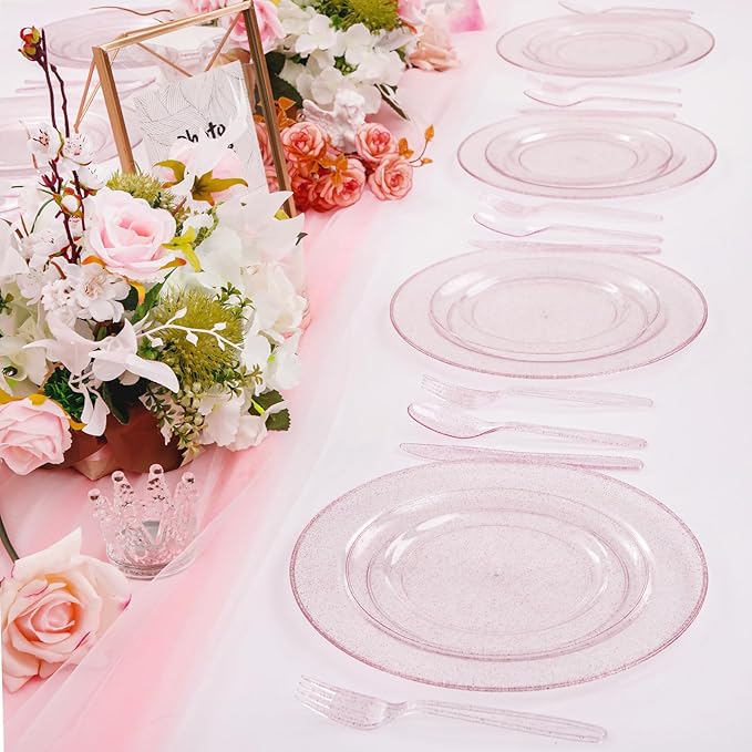 WDF 120pcs Pink Plastic Plates Disposable - Clear Pink Glitter Plates for Valentine's Day/Wedding including 60PCS Dinner Plates 10.25inch and 60PCS Salad Plates 7.5inch for Wedding/Party