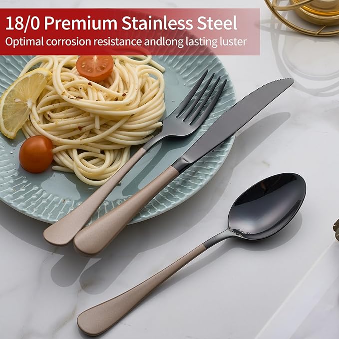 20-Piece Black Silverware Set 18/0 Stainless Steel Flatware Brown Handle Cutlery Set Service for 4 Dinner Knives Forks Spoons Set Mirror Finish Dishwasher Safe