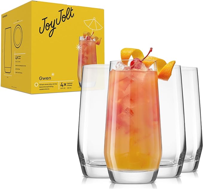 JoyJolt Gwen 18.5 oz Highball Glasses, 4pc Tall Glass Sets. Lead-Free Crystal Glass Drinking Glasses. Water Glasses, Mojito Glass Cups, Tom Collins Bar Glassware, and Mixed Drink Cocktail Glass Set