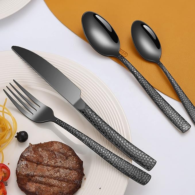 40-Piece Silverware Set, Black Hammered Stainless Steel Flatware Sets for 8, Food-Grade Tableware Set, Including Fork Knife Spoon Set, Durable Home Kitchen Cutlery Sets, Dishwasher Safe