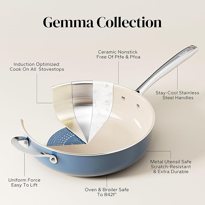 Redchef Ceramic Saute Pan with Lid, Nonstick Deep Frying Pan, 5QT Jumbo Cooker with Helper Handle & Lid, Non Toxic Ceramic Cooking Pan, Chef Pan, Dishwasher & Oven Safe, PFAS PFOA & PTFE Free（Blue）