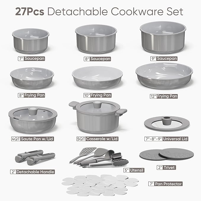 CAROTE 27pcs Ceramic Cookware Set Nonstick, Pots and Pans Set Non Stick, Non Toxic Cookware Detachable Handles, Dishwasher/Oven Safe, RV/Camping Cookware, Pan and Pot with Kitchen Utensils, Dark Gray