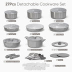 CAROTE 27pcs Ceramic Cookware Set Nonstick, Pots and Pans Set Non Stick, Non Toxic Cookware Detachable Handles, Dishwasher/Oven Safe, RV/Camping Cookware, Pan and Pot with Kitchen Utensils, Dark Gray