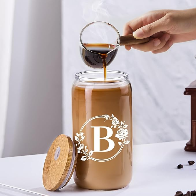 Birthday Gifts for Women, Monogrammed Initial Glass Cup Personalized Gifts for Women, 16oz Glass Cups with Lids and Straws, Iced Coffee Cup, Beer Can Shaped - Gift for Christmas, Birthday, B