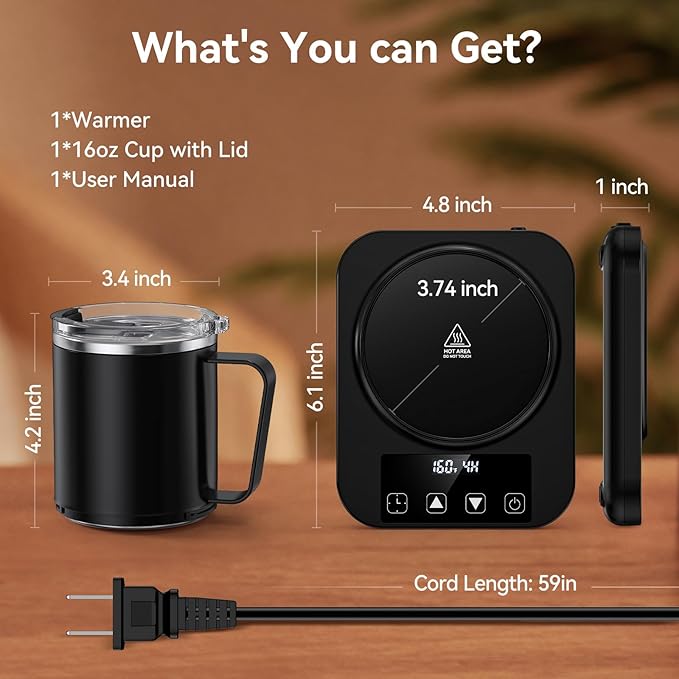 Coffee Mug Warmer & Mug Set for Desk, Electric Coffee Cup Warmer with 16oz Heated Mug, Temperature Control Smart Coffee Heater with Auto Shut Off & 9 Temp Settings, Gifts for Men Women, Black