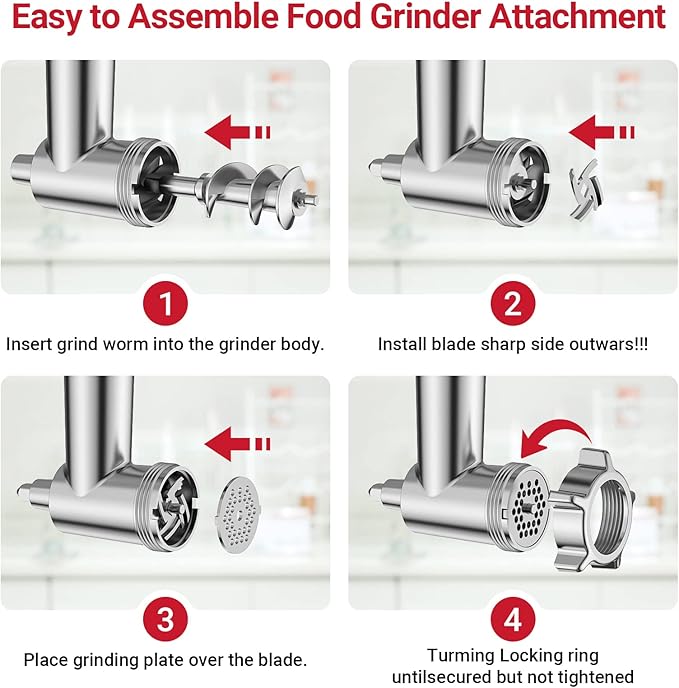 Metal Food Grinder Attachment for KitchenAid Stand Mixers, Meat Grinder for Kitchen Aid Included 3 Sausage Stuffer Tubes, 4 Grinding Plates, 2 Grinding Blades, Kubbe Meat Processor Accessories