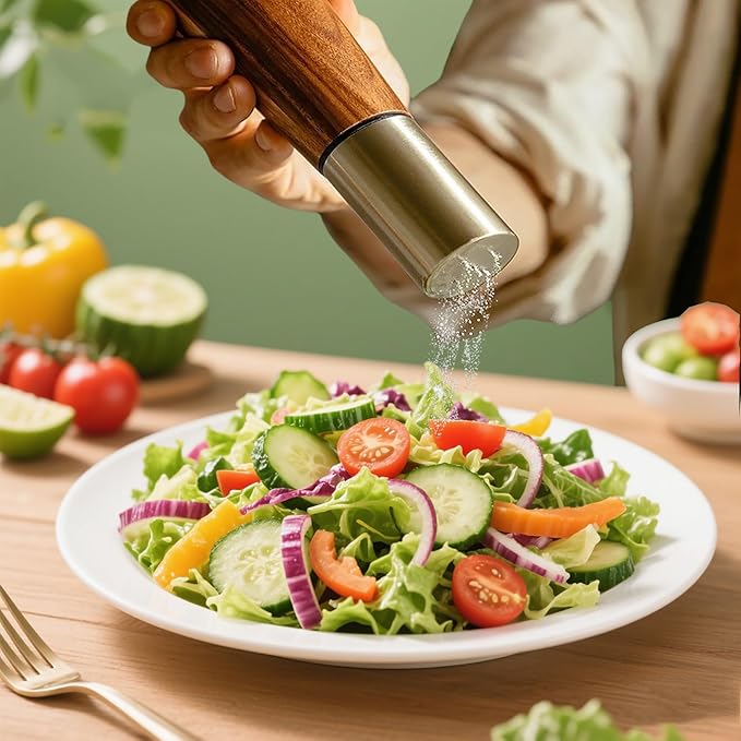 Salt and Pepper Grinder Set, Acacia Wooden Pepper Grinder with Adjustable Coarseness, Refillable Ceramic Blade Grind,Gold Pepper Mill for Kitchen, Enjoy Fresh Ground Pepper Salt with Spice