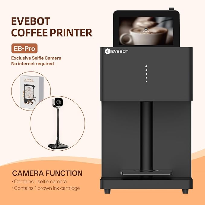 EVEBOT Coffee Latte Art Machine EB-Pro Customized Photo Selfie Printing with Camera Cake Desserts DIY Personalized Decoration for Cafes Bars Museums, Blown FancyBox - Black