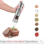Electric Pepper Grinder or Electric Salt Grinder - Single Battery Operated Stainless Steel Salt or Pepper Mill with Light (Black) - Automatic One Handed Operation with Adjustable Ceramic Grinder