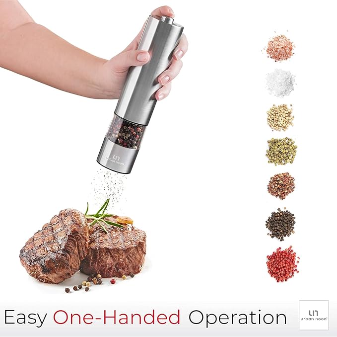 Electric Pepper Grinder or Electric Salt Grinder - Single Battery Operated Stainless Steel Salt or Pepper Mill with Light (Black) - Automatic One Handed Operation with Adjustable Ceramic Grinder