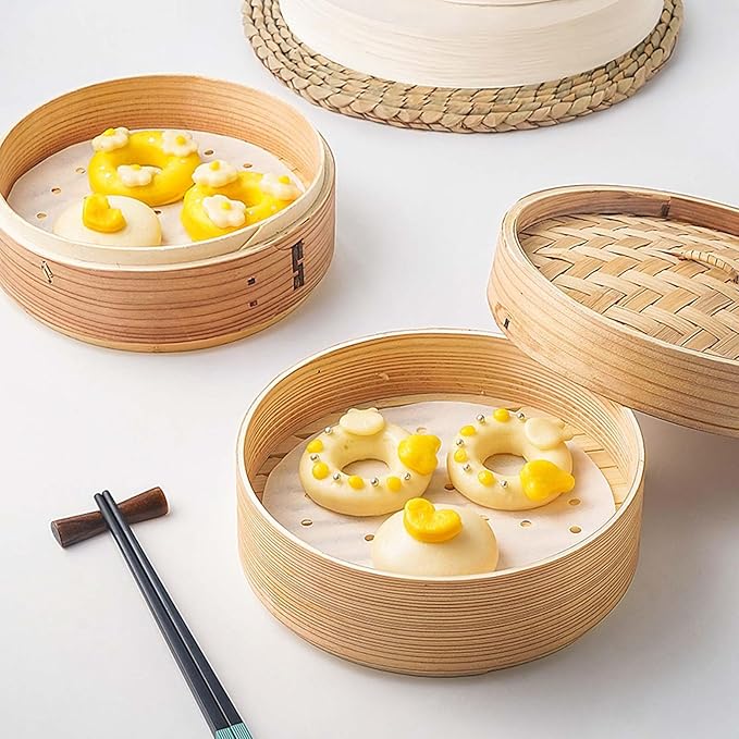 100 PCS Bamboo Steamer Liner, 8 Inch Round Air Fryer Parchment Paper with Holes, White Non-Stick Steamer Paper Sheet