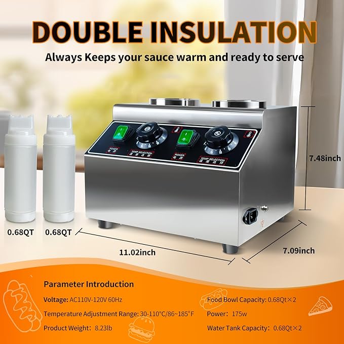 YOOKTEN Electric Sauce Bottle Warmer, 0.68x2 Qt Commercial Hot Fudge Warmer Hot Chocolate Warmer and Dispenser Nacho Cheese Warmer,86-185℉Sauce Warmer Dispenser,Double Bottles Nacho Cheese Warmer