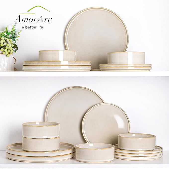 AmorArc Ceramic Dinnerware Sets, Handmade Reactive Glaze Stoneware Plates and Bowls Sets,Highly Chip and Crack Resistant | Dishwasher & Microwave Safe Dishes Set, Service for 4 (12pc)