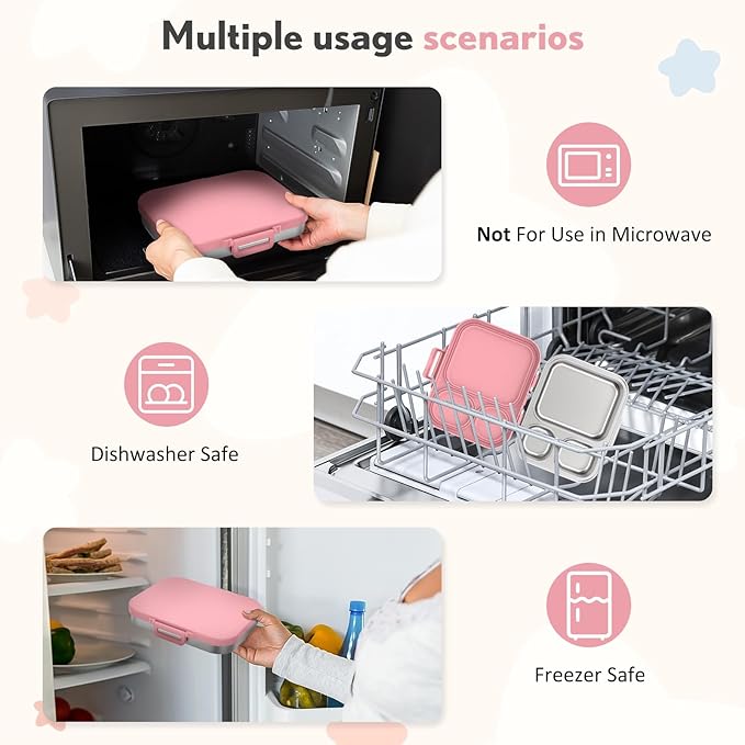 Stainless Steel Bento Box Kids, Leak Proof Metal Bento Lunch Box,3 Compartments 304 Stainless Steel Bento Lunch Containers for School and Office,Dishwasher Safe, BPA-Free(Pink)