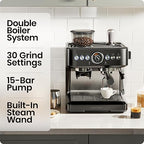 Chefman Crema Deluxe Espresso Machine with Double Boiler, Use Milk Frother and Brew Espresso Simultaneously, Professional Coffee Maker with Coffee Grinder and Steam Wand, 30 Grind Settings