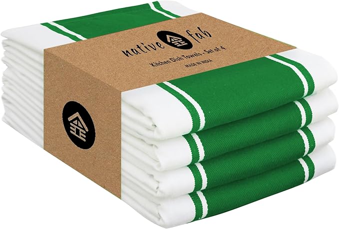 Native Fab Green Kitchen Towels 18 x 28 Inch, 4 Pack, Wide Stripe, Super Absorbent, Fast Dry, Soft, Cotton Dish Towels for Wiping Hands, Drying Dishes, Counter Cleaning Dish Cloth Set - Green
