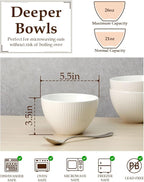 NUTRIUPS 5.5x3.5 in Soup Bowls, 25 oz Deep Cereal Bowl Set, Ceramic, Microwave Safe Bowl, Set of 4 White Bowl for Oatmeal Chili Salad