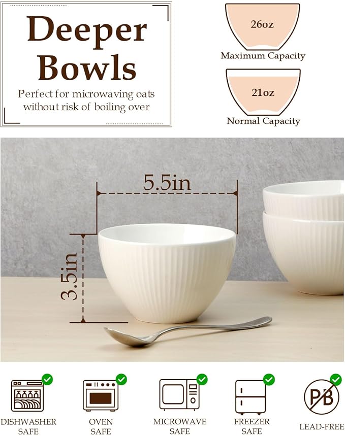 NUTRIUPS 5.5x3.5 in Soup Bowls, 25 oz Deep Cereal Bowl Set, Ceramic, Microwave Safe Bowl, Set of 4 White Bowl for Oatmeal Chili Salad
