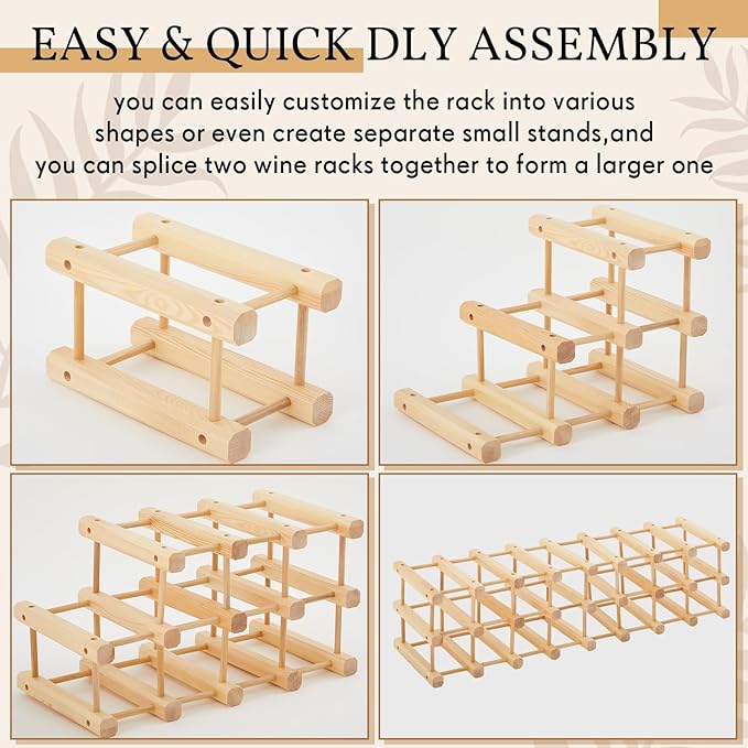 Juexica 12 Bottles Wooden Wine Rack Stackable Modular Storage Racks DIY Assembly Wine Bottle Holder for Inside Cabinet Countertop Cellar Racks(1 Pack)