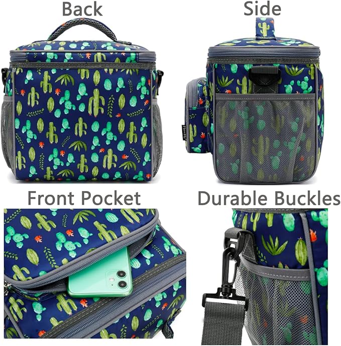 FlowFly Insulated Reusable Lunch Bag Adult Large Lunch Box for Women and Men with Adjustable Shoulder Strap,Front Zipper Pocket and Dual Large Mesh Side Pockets,Cactus