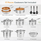 Duxtop 17PC Professional Stainless Steel Induction Cookware Set, Stainless Steel Ceramic Nonstick Pan Set, Impact-bonded Technology, FUSION Titanium Reinforced Ceramic Coating, Copper