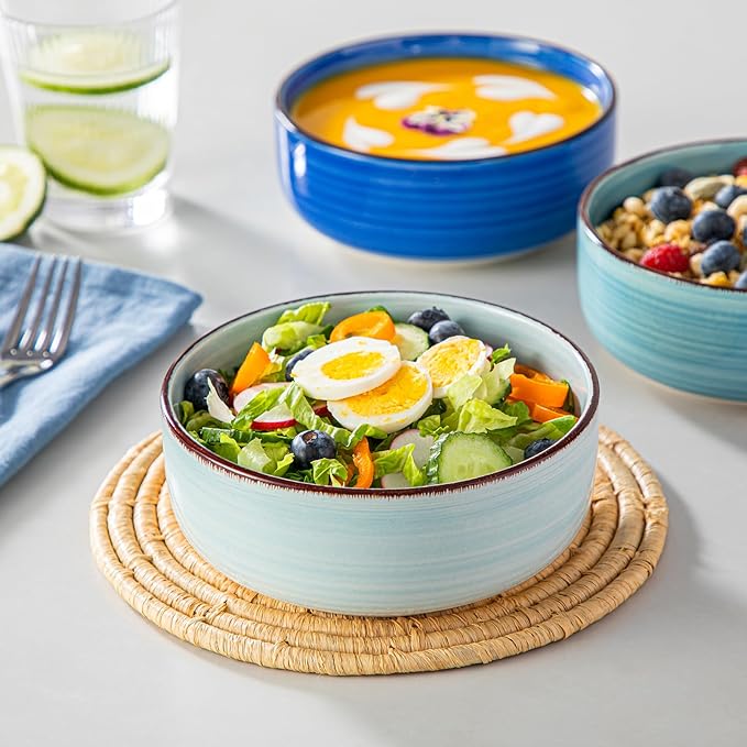 vancasso Bonita Cereal Bowl Set of 6, 24 Oz Ceramic Bowls for Kitchen, Dishwasher & Microwave Safe Bowls for Soup, Cereal, Dessert, Fruit, Blue Colored Bowl Set