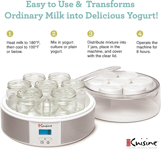 Euro Cuisine Yogurt Maker - YMX650 Automatic Digital Yogurt Maker Machine with Set Temperature - Includes 7-6 oz. Reusable Glass Jars and 7 Rotary Date Setting Lids for Instant Storage