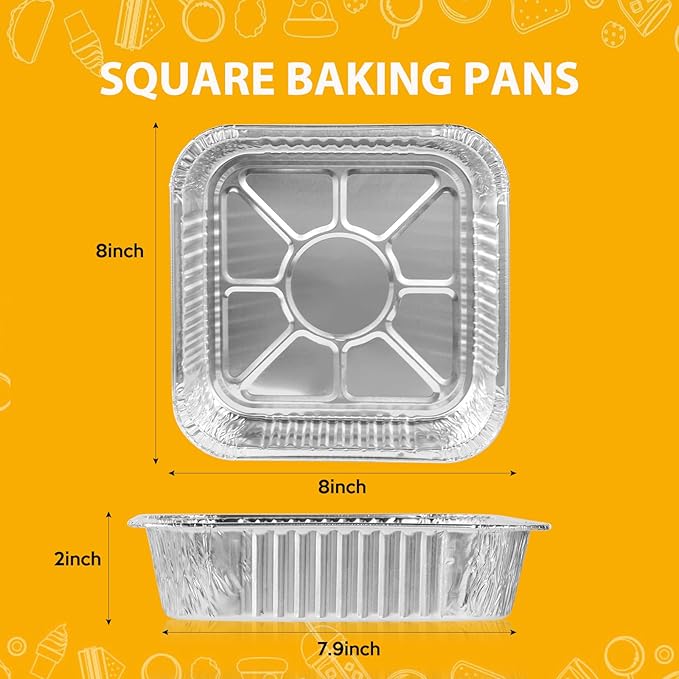 8"x8" Aluminum Foil Pans Disposable - 20 Pack Square Baking Pans Disposable Grill Accessories Meal Prep Containers Heavy Duty Tin Foil Pan for Baking Cake, Oven Cooking, Heating, Storing