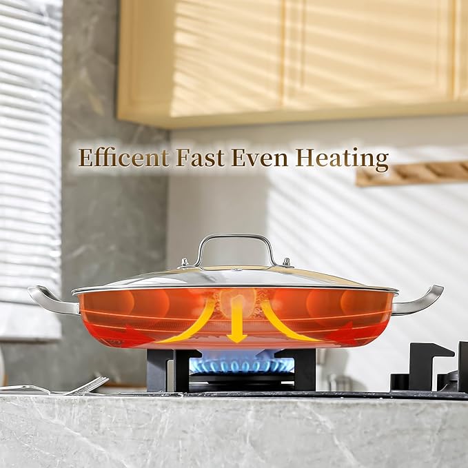 DELARLO Nonstick Paella Pan With Lid 14 Inch, Tri-Ply Stainless Steel Large Skillet, Everyday Pan, Fast & Even Heating Induction Cooking Pan, Dishwasher and Oven Safe, Heavy Duty Style