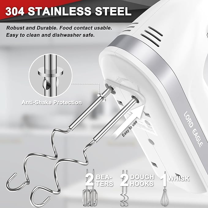 Lord Eagle Hand Mixer Electric 400W, 5 Speed handheld Mixer, 5 Stainless Steel Accessories for Baking Cake Egg Cream Food Beater, Turbo Boost/Self-Control Speed + Eject Button