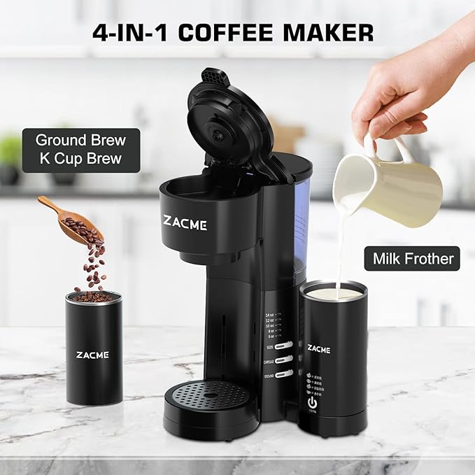 ZACME 4IN1 Single Serve Coffee Maker with Milk Frother & Grinder, Small Coffee Machine for K Cup & Ground, 28oz Water Tank, 6 to 14 oz Brew Sizes, Self-cleaning Function, Adjustable Drip Tray