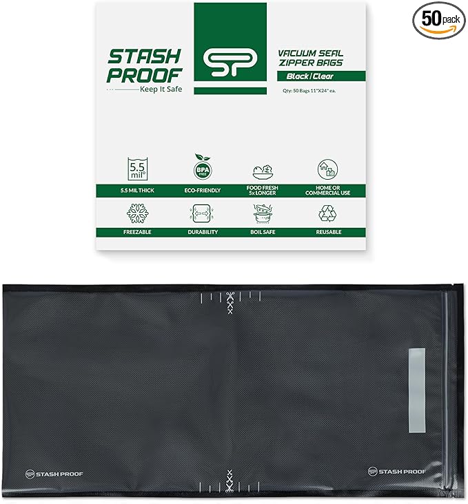 Resealable Zipper Vacuum Seal Bags 11" x 24" (50 Count) 5.5 Mil (Black and Clear) - BPA Free Commerical Grade Food Saver for Storage, Sous Vide, and Meal Prep Sealer Bag