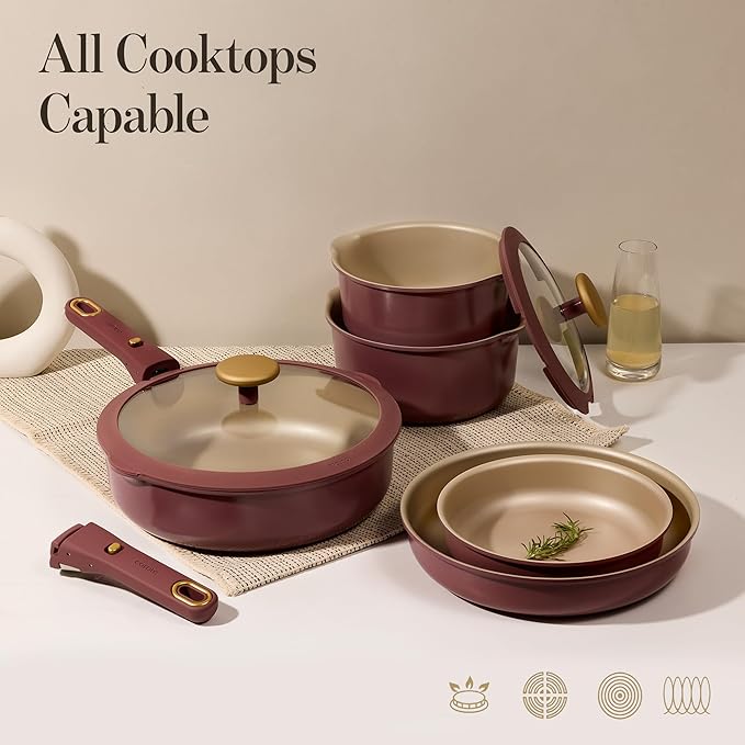 CAROTE 18Pcs Titanium Reinforced Nonstick Pots and Pans Set, Nonstick Cookware Set with Detachable Handle, Induction Kitchen Cookware Sets Removable Handles, Dishwasher Safe, Oven Safe, Red