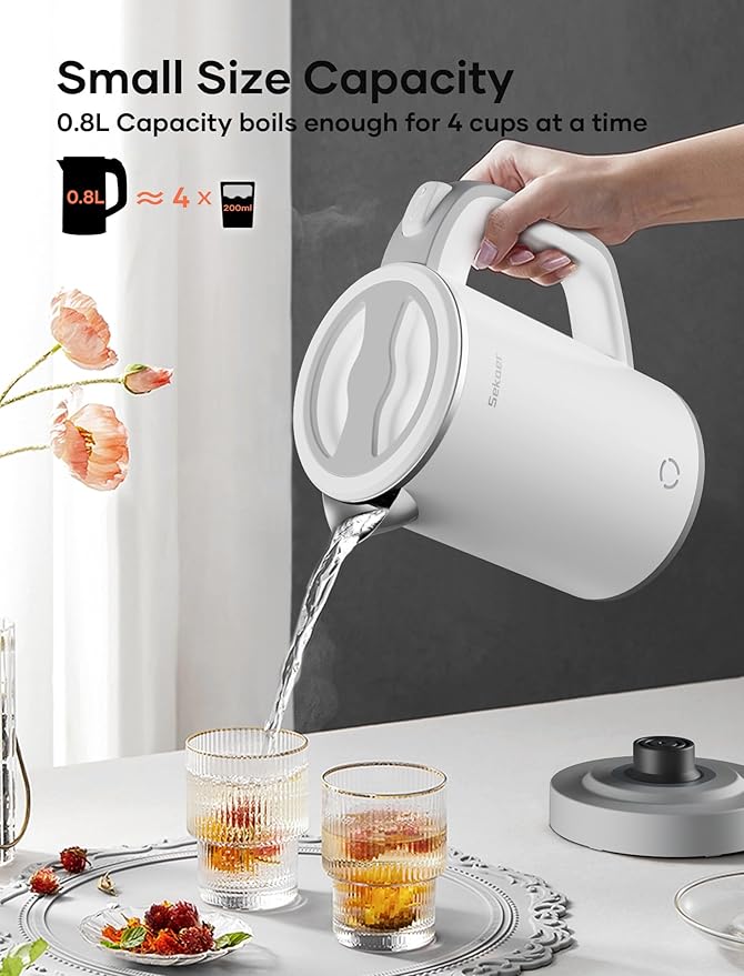 Sekaer Small Electric Tea Kettle Stainless Steel 0.8L Portable Travel Hot Water Boiler, Mini Electric Coffee Kettle with Auto Shut-Off & Boil Dry Protection, Cordless Base & White