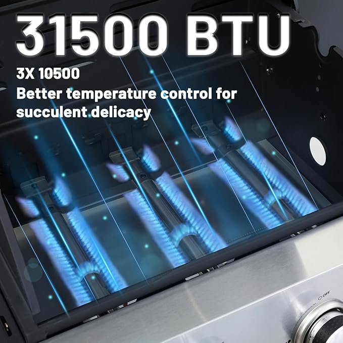 3-Burner Propane Gas BBQ Grill with Side Burner, 40,500 BTU Stainless Steel Gas Grill for Outdoor, Camping, Barbecue Grilling Backyard Cooking (3+1 bumer no cover)