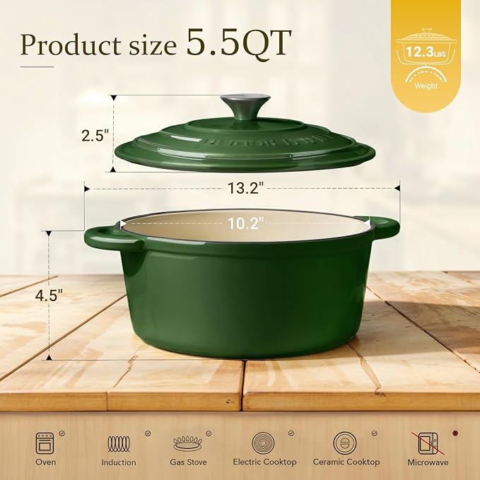 Overmont Enameled Cast Iron Dutch Oven - 5.5QT Pot with Lid Cookbook & Cotton Potholders - Heavy-Duty Cookware for Braising, Stews, Roasting, Bread Baking Glossy Green