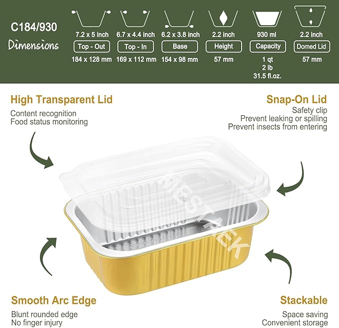 7"x5" Sturdy Foil Pans with Snap-On Lids (20 Packs) | 2X Thicker Heavy Duty Reusable Foil Tin 31oz | Grill Oven Microwavable Multi-Use Pan, | Disposable Aluminum Foil Pan for Baking Cooking