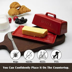Ceramic Butter Dish With Lid for Countertop, Covered Butter Container, Large Butter Holder With Lid, Butter Tray With Handle Red