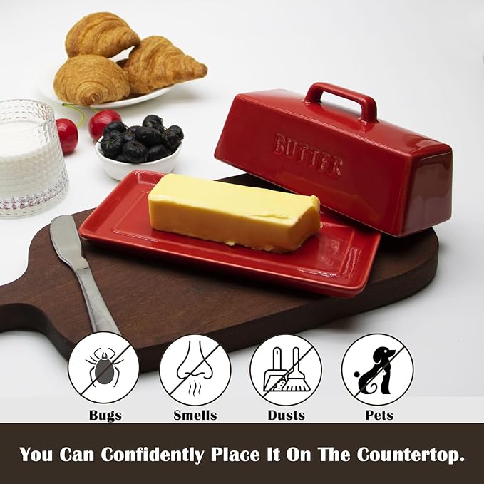 Ceramic Butter Dish With Lid for Countertop, Covered Butter Container, Large Butter Holder With Lid, Butter Tray With Handle Red