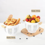 Metal Colander with Wood Handle and Stable Base, Powder Coated Steel Kitchen Strainer Basket for Draining Pasta, Vegetable and fruit (5.5quart,Matte White)