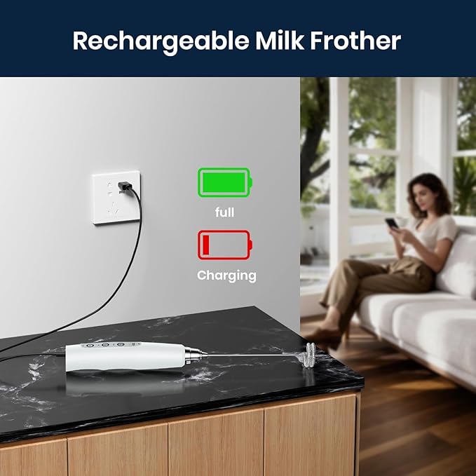Milk Frother Rechargeable Handheld-Electric Whisk 3 Speed Adjustable, Coffee Frother Wand with 3 Stainless Whisks, Electric Foam Maker, Drink Mixer Blender for Latte Cappuccino Matcha Egg