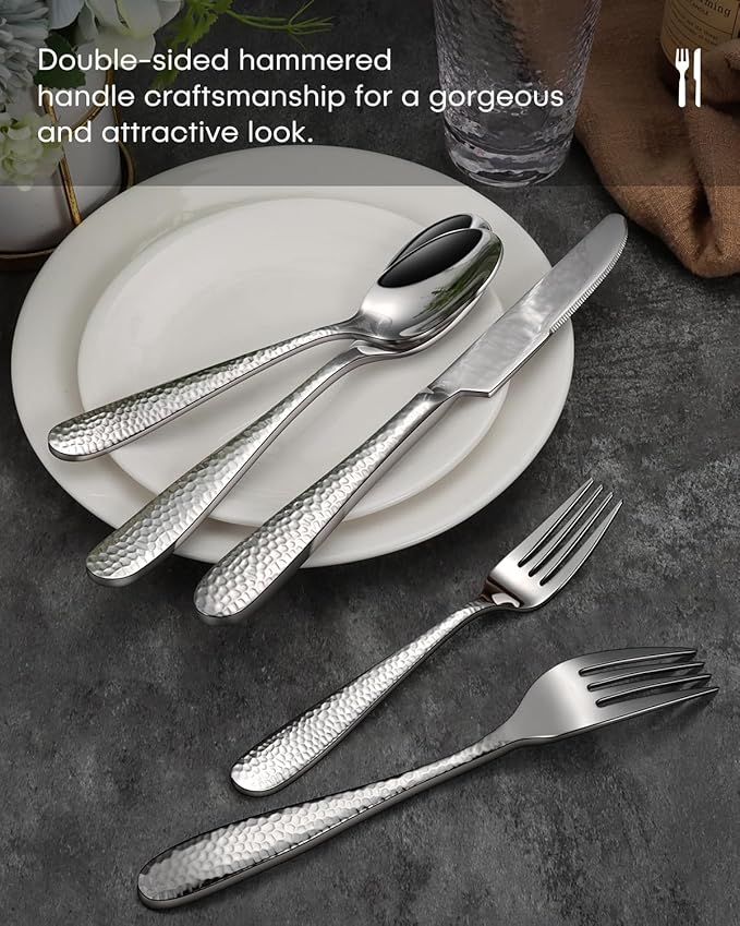 Hammered Silverware Set, Ollex 40-Piece Flatware Set for 8 Mirror Finish Stainless Steel Eating Utensils Sets Include Forks Spoons and Knives Tableware Kitchen Cutlery Sets, Dishwasher Safe