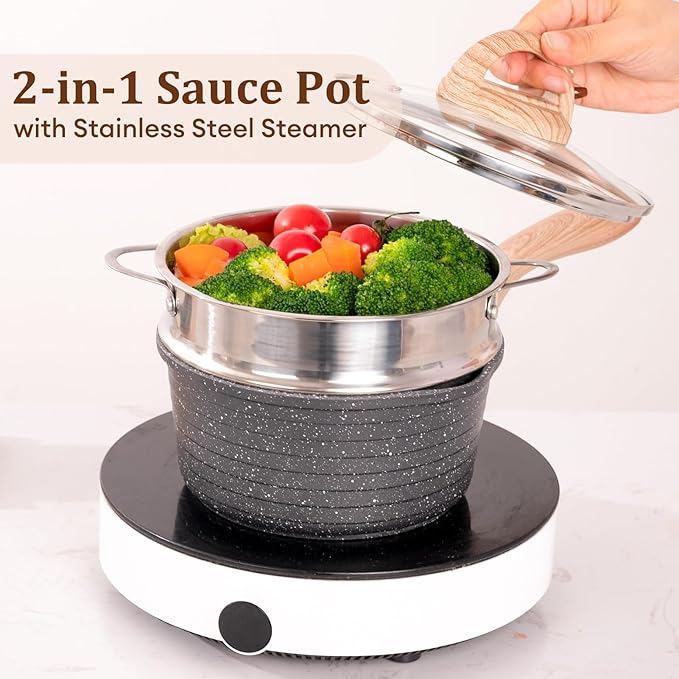 JEETEE 2.5 Quart Saucepan with Steamer Basket, Small Sauce Pot with Lid，Nonstick Coating with Pour Spout, Induction Compatible Cookware Sauce Pan for Cooking, PFOA/PFOS Free