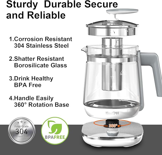 Electric Kettle, 1.5L Borosilicate Glass Hot Water Kettle Electric & Tea Kettle for Coffee or Tea, BPA Free, Auto Shut-Off, Stainless Steel, White, 1200w