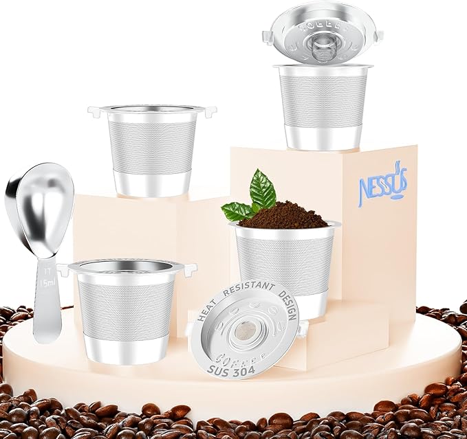NESSUS K Cup Reusable Coffee Pods for Keurig 1.0, Stainless steel Reusable K Cups, Metal K Cups for Keurig Coffee Pods Reusable with Heat Resistant Handles and Coffee Scoop, NO BPA, 4 Pack
