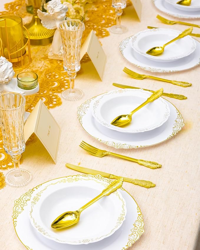 50 Pack White Plastic Bowls with Gold Rim, 12oz Disposable Soup Bowl, Heavy Duty Dinner Bowls for Party, Weddings, Dinners, Catering and Everyday Use