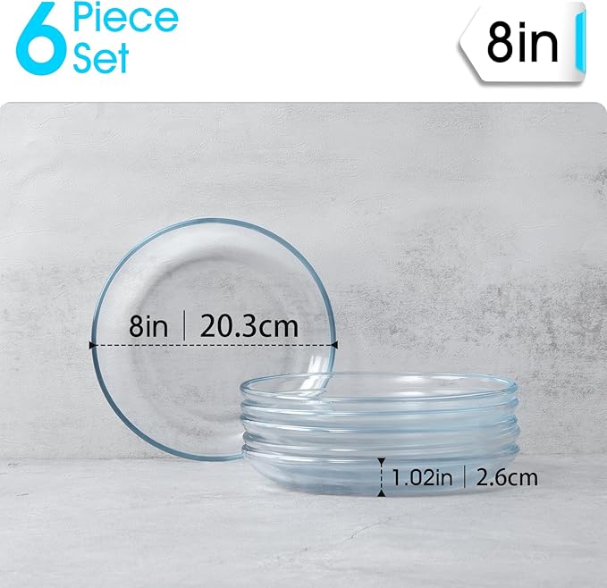 NUTRIUPS 6 Pack 8in Glass Plates - with Lipped Edge - Clear Glass Plate, Tempered Glass Plates Set of 6, Clear Appetizer Plate, Dishwasher & Microwave Safe